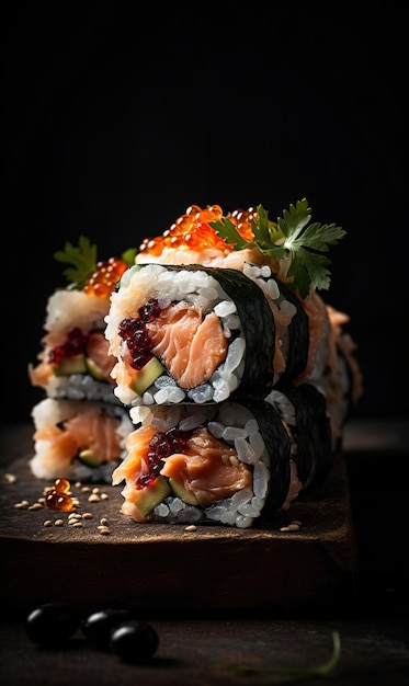 Uma pilha de sushi com um salmão