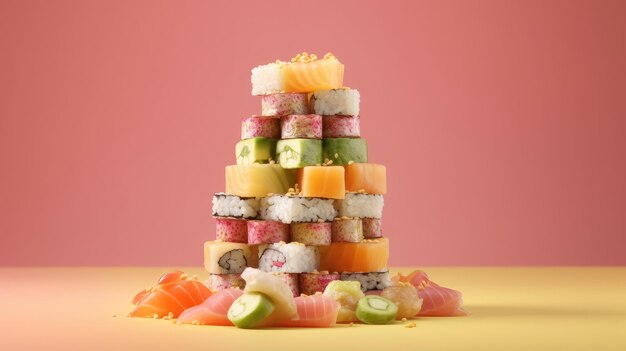 Uma pilha de sushi empilhados uns sobre os outros.