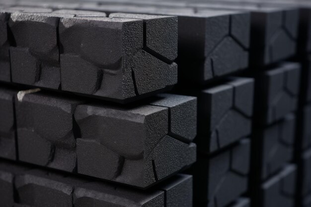 Uma pilha de tijolos pretos cuidadosamente dispostos