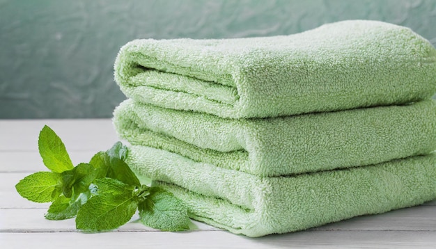 Foto uma pilha de toalhas limpas e fofinhas de cor verde pastel dobradas na mesa.