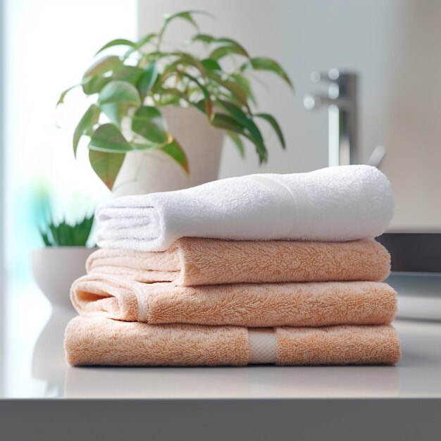 Uma pilha de toalhas limpas na bancada da casa de banho.