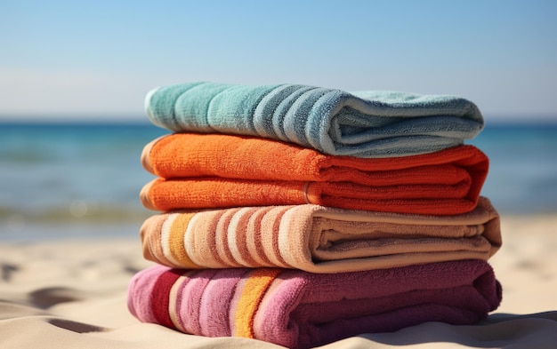 Uma pilha de toalhas repousa na praia de areia absorvendo o sol quente