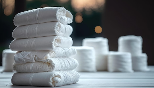 Uma pilha de toalhas sobre uma mesa com uma pilha de toalhas sobre ela
