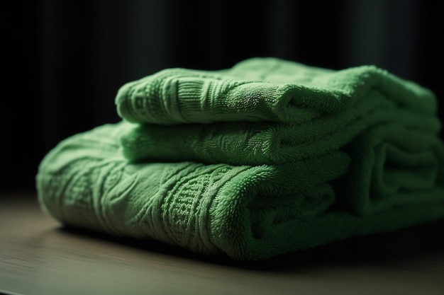 Uma pilha de toalhas verdes sobre uma mesa