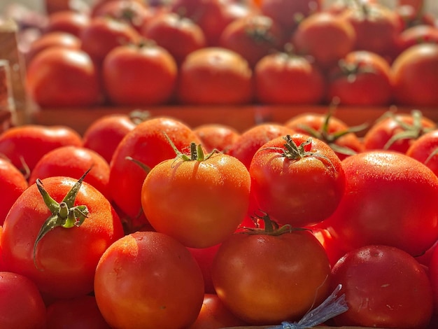 Uma pilha de tomates em uma mesa