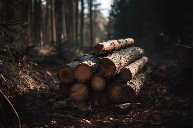 Uma pilha de toras em uma floresta