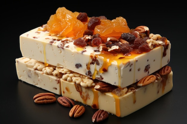 Foto uma pilha de torrone italiano senta-se sedutoramente em uma tábua de madeira adornada com amêndoas, nozes e citrinos, sugerindo um banquete de sabores