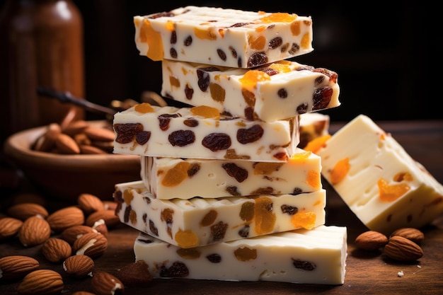 Foto uma pilha de torrone italiano senta-se sedutoramente em uma tábua de madeira adornada com amêndoas, nozes e citrinos, sugerindo um banquete de sabores