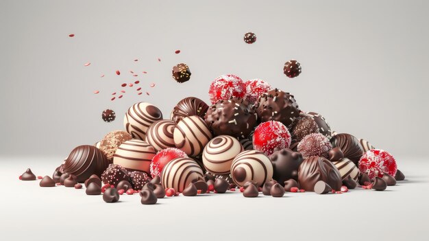 Uma pilha de trufas de chocolate em vários sabores d estilo objetos voadores isolados estilo Memphis d render ilustração gerada por IA