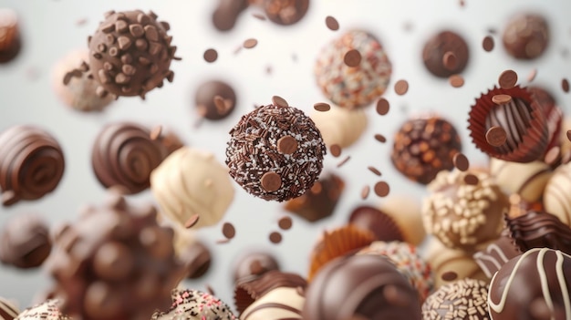 Uma pilha de trufas de chocolate em vários sabores d estilo objetos voadores isolados estilo Memphis d render ilustração gerada por IA