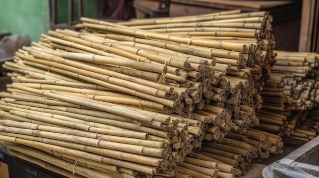 Uma pilha de varas de bambu é empilhada umas sobre as outras.