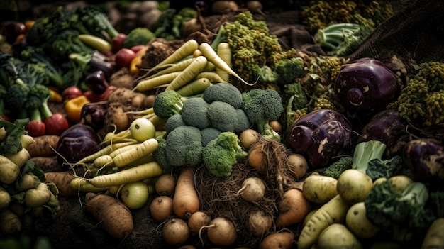 Uma pilha de vegetais, incluindo brócolis, cenoura e outros vegetais