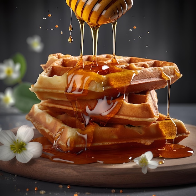 Uma pilha de waffles com calda escorrendo por cima.