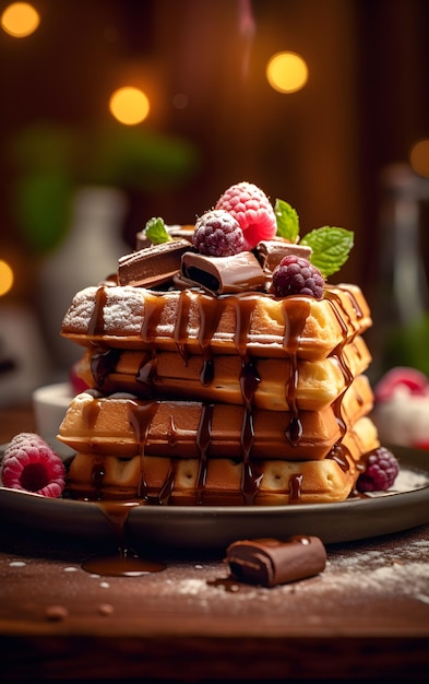 Uma pilha de waffles com chocolate e framboesas por cima