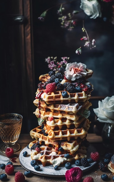 Uma pilha de waffles em cima de uma mesa uma foto colorida gerada por IA generativa de IA