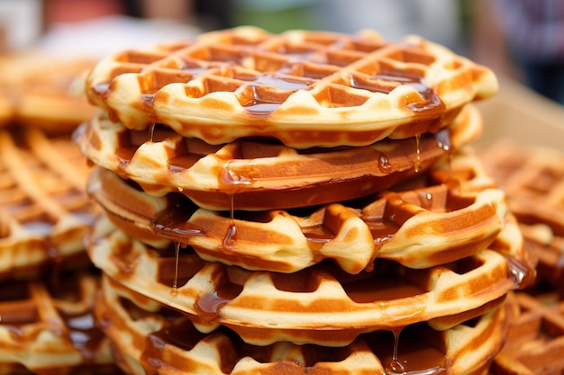 Uma pilha de waffles recheados de avelãs de perto