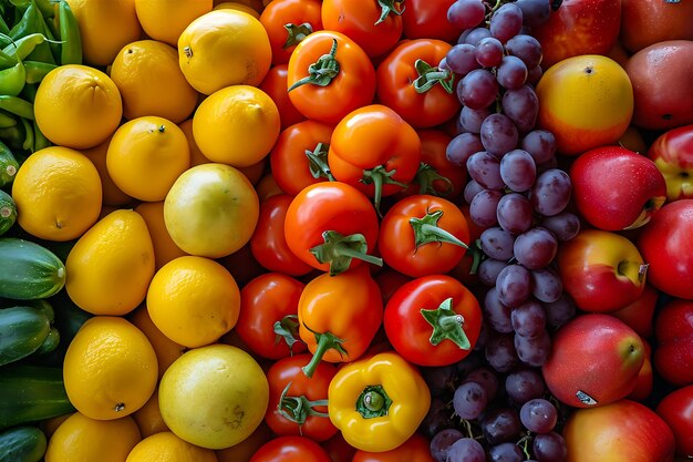 Uma pilha vibrante de frutas e legumes