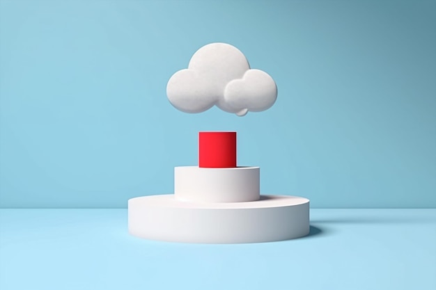 Uma pílula vermelha em um pedestal com uma nuvem sobre ela