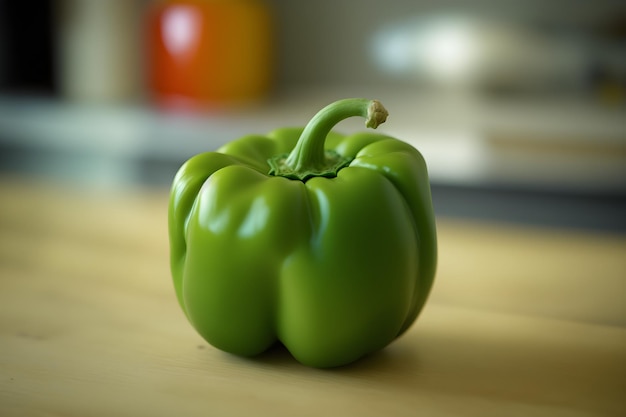 Uma pimenta verde está sobre uma mesa de madeira em frente a uma jarra amarela.