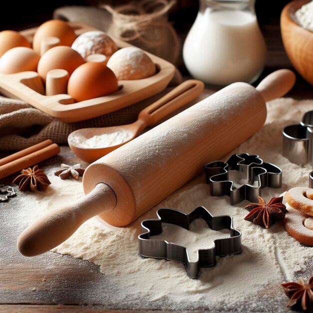 uma pinça rolante com moldes de farinha e biscoito na cozinha