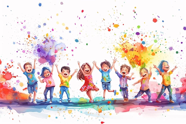uma pintura a aquarela de crianças pulando na frente de bolhas coloridas