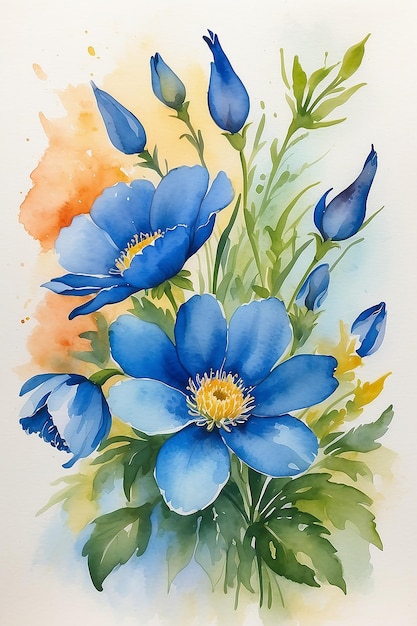 Uma pintura a aquarela de flores com um anel azul