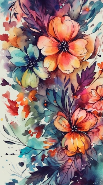 Uma pintura a aquarela de flores com um fundo colorido.