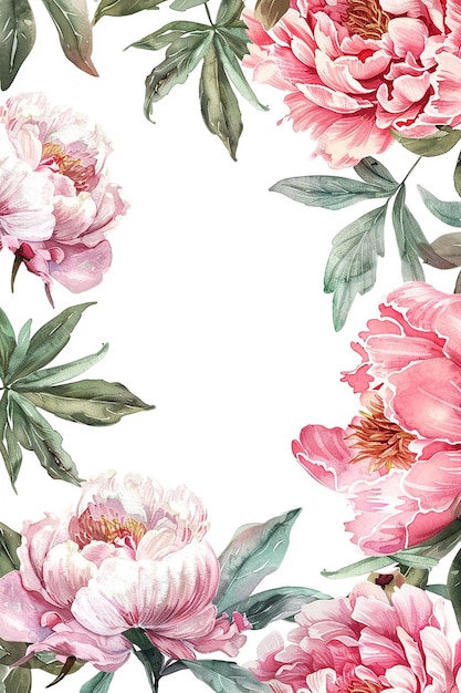 Uma pintura a aquarela de flores cor-de-rosa com folhas verdes As flores estão dispostas em círculo com uma delas sendo a maior A pintura tem uma sensação suave e delicada