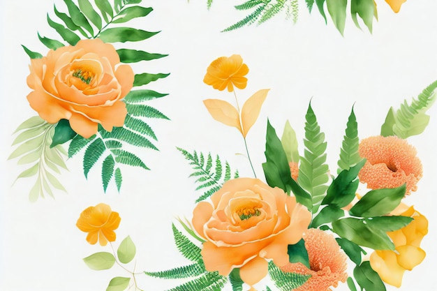 Foto uma pintura a aquarela de flores laranjas e folhas verdes