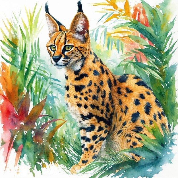 Foto uma pintura a aquarela de gato serval