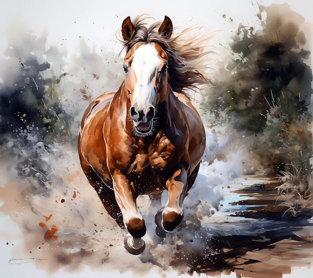 Uma pintura a aquarela de um cavalo correndo