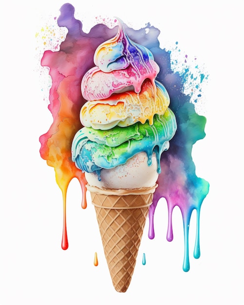 Uma pintura a aquarela de um cone de sorvete arco-íris com uma salpicadura de arco-íris no topo.