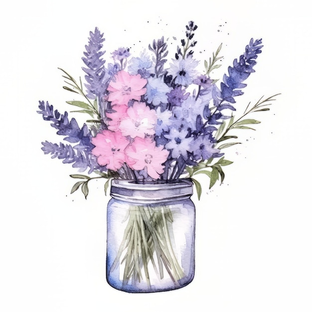 Uma pintura a aquarela de um frasco de flores com flores roxas e cor-de-rosa.