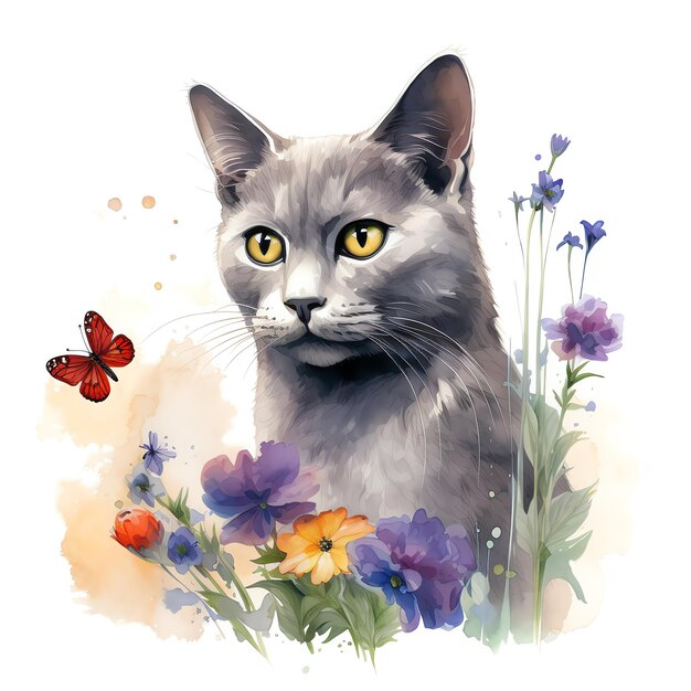 Foto uma pintura a aquarela de um gato nas flores cores pastel montanha tom natural