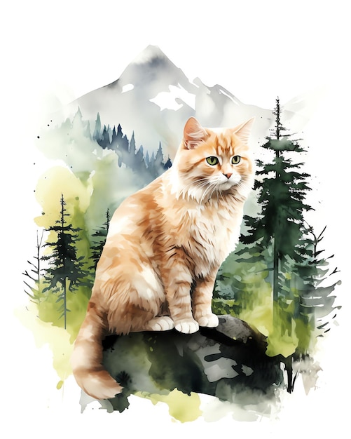 uma pintura a aquarela de um gato nas flores cores pastel montanha tom natural