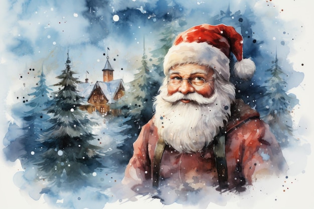 Uma pintura a aquarela de um Papai Noel ao ar livre