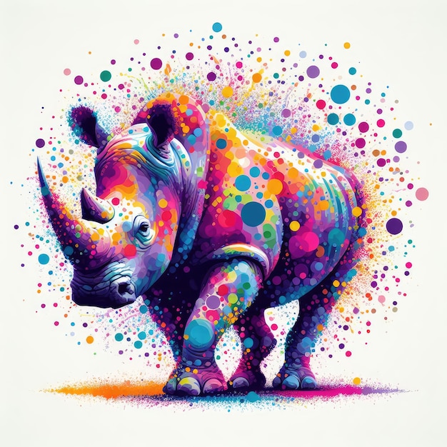 Foto uma pintura a aquarela de um rinoceronte com manchas coloridas
