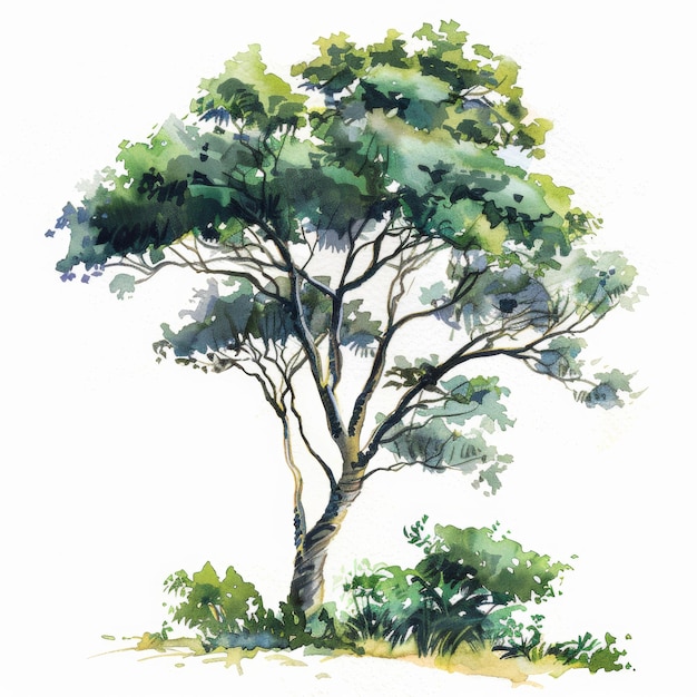 uma pintura a aquarela de uma árvore e uma árvore com um fundo verde e branco