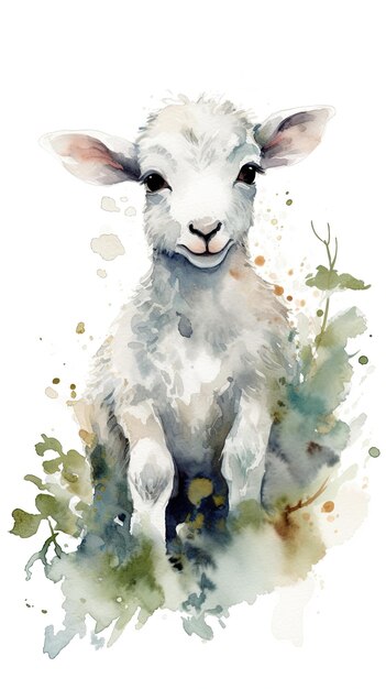Uma pintura a aquarela de uma cabra sentada em uma grama verde.
