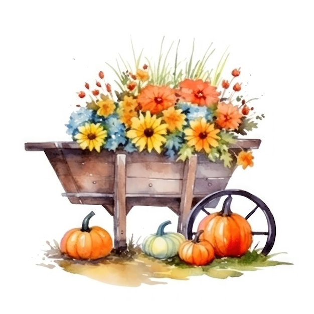 uma pintura a aquarela de uma carroça com uma abóbora e flores.