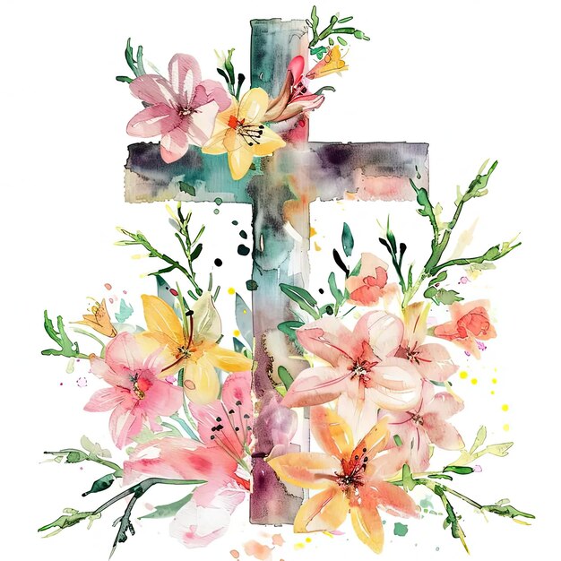 Uma pintura a aquarela de uma cruz com flores