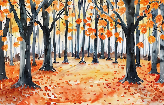 uma pintura a aquarela de uma floresta com árvores e um caminho no fundo