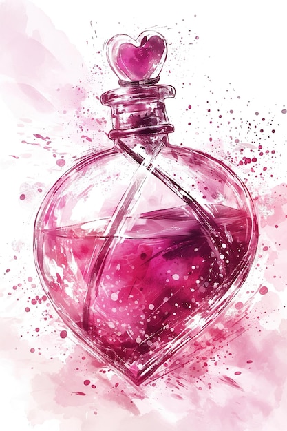 uma pintura a aquarela de uma garrafa rosa com um fundo rosa