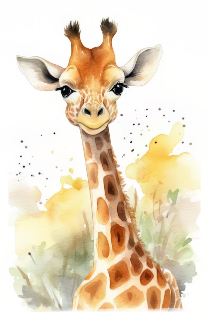 Uma pintura a aquarela de uma girafa com um pescoço longo e um pássaro amarelo voando no fundo.