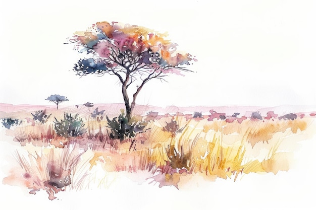 Uma pintura a aquarela de uma paisagem de savana africana com uma grande e majestosa árvore de acácia com flores cor-de-rosa em primeiro plano e alta grama amarela em segundo plano