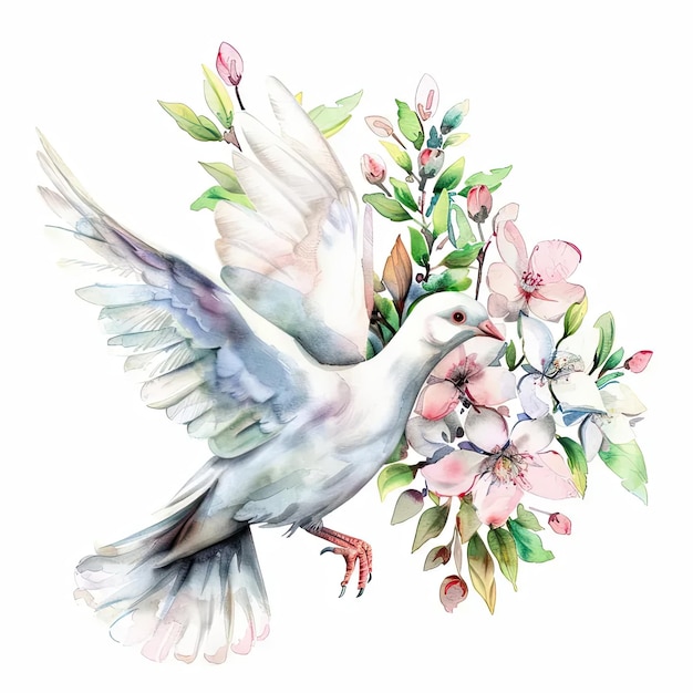 Uma pintura a aquarela de uma pomba e flores