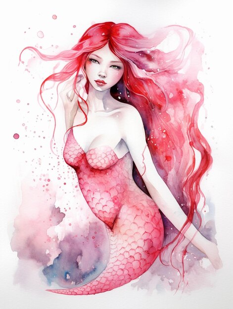 Uma pintura a aquarela de uma sereia com cabelo rosa e um peixe rosa no fundo.