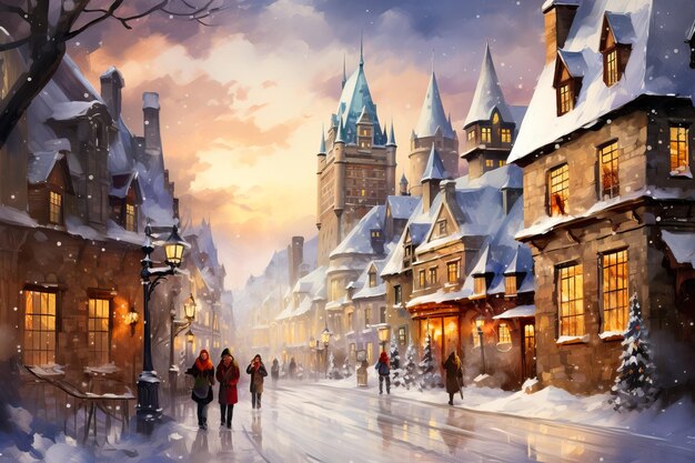 Uma pintura a aquarela vibrante capturando o charme da cidade de Quebec no inverno com ruas cobertas de neve