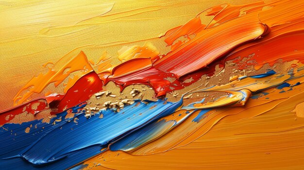 Uma pintura a óleo abstrata com manchas de pintura traços de pintura elementos dourados laranja ouro azul pintura de faca traços grandes de pintura