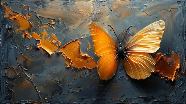 Uma pintura a óleo abstrata pintada à mão de uma borboleta dourada pendurada verticalmente